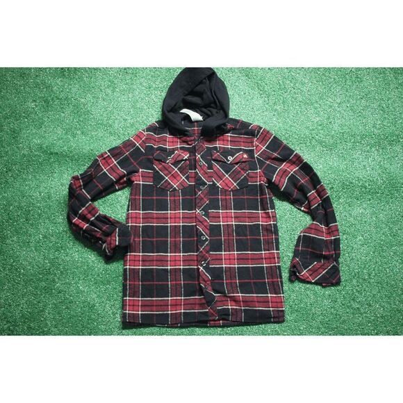 Airwalk Classics Hooded Plaid Flannel Shirt Jacket Black & Red Medium - Picture 1 of 7